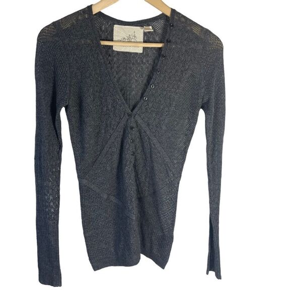 Anthropologie Angel Of The North Grey Button Front V-Neck Sweater Sz 4 - Picture 1 of 10